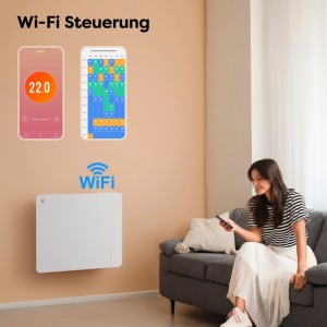 Weißer CIARRA Keramik Heizkörper mit WLAN-Steuerung an Wand, Frau bedient Heizung per App. Modernes elektrisches Heizgerät.