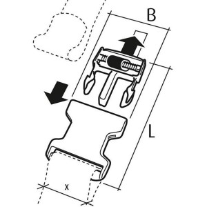 Abbildung einer schwarzen Conacord Patentschnalle aus Kunststoff, 68 mm lang, für Spanngurte.