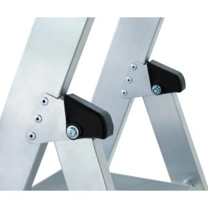 Detailaufnahme: Aluminium-Stehleiter mit Rollen und Griff, 4 Stufen, Fokus auf Stufen-Holmverbindung.