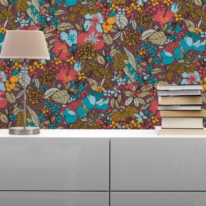 Tadessi Vliestapete Floral M1-No.1455 in Rot mit bunten Blumen und Blättern. Dekorative Tapete mit Dschungel-Muster.