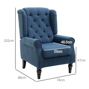 Blauer HOMCOM Ohrensessel mit Tufting, Polyesterbezug und dunklen Holzbeinen. Eleganter Loungesessel für Wohnzimmer.