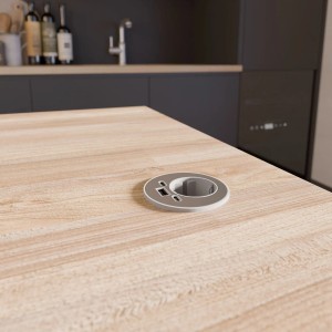 Weiße kalb Energon Einbausteckdose rund mit USB-A, USB-C und Dataexchange in Tischplatte.