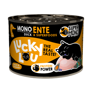 Dose Lucky Lou Katzen-Nassfutter SuperMono² Ente, Alleinfutter mit Ente und Superfoods.