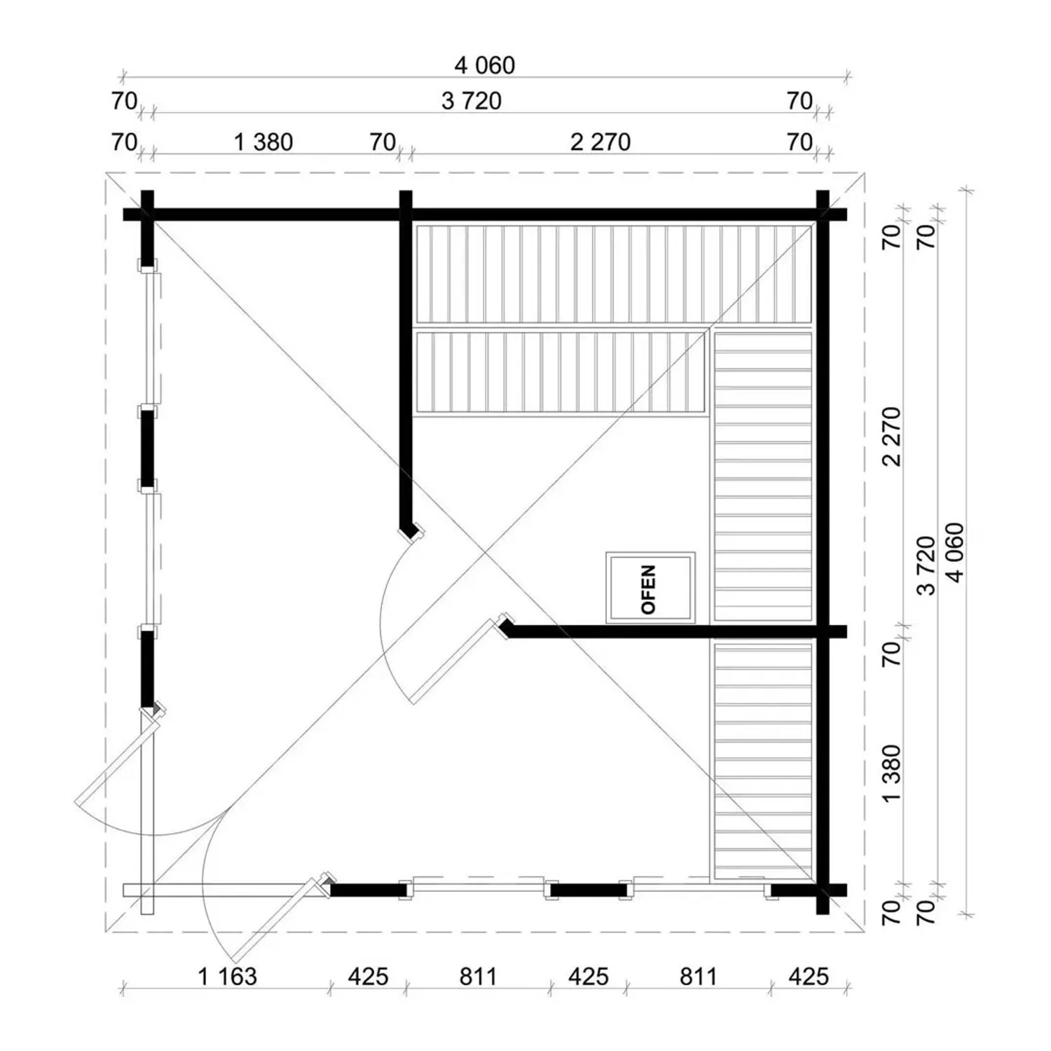 Grundriss Finntherm Gartensauna Sandor-70, 406x406cm, naturbelassen. Abmessungen und Raumaufteilung.