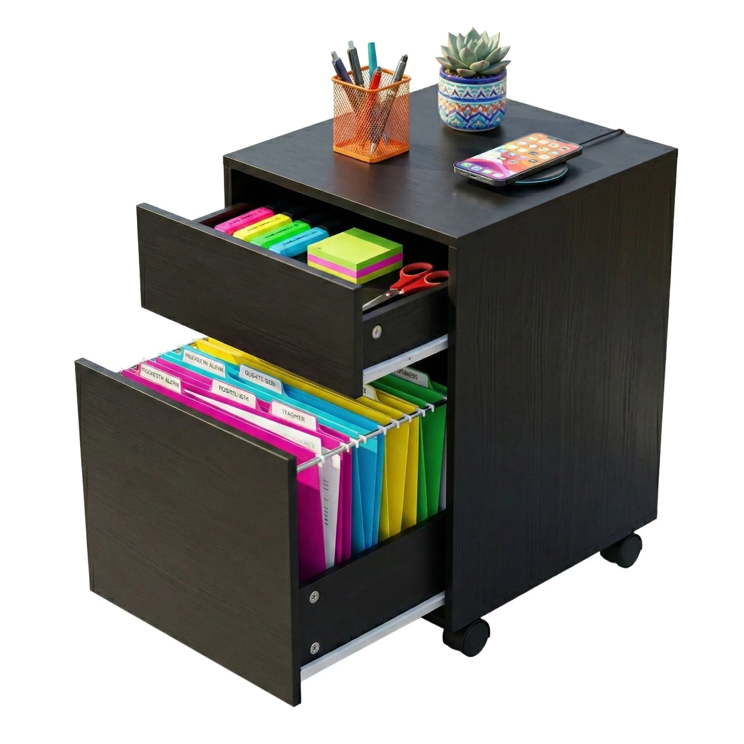 Relaxdays Rollcontainer MDF Kunststoff Schwarz mit Hängeregister 57 cm x 40 cm x 40 cm 12,8 kg