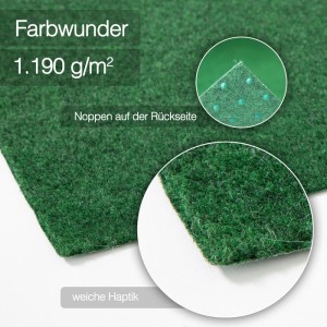 Detailaufnahme: Grüner Karat Rasenteppich Farbwunder PRO mit weicher Haptik und Noppen auf der Rückseite.
