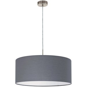 Graue Eglo Hängeleuchte Pasteri mit Stoffschirm und Nickel-mattem Baldachin, 53 cm Durchmesser.