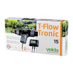 Velda T-Flow Tronic 15 elektronischer Algenbekämpfer auf Verpackung. Gerät gegen Faden- und Schleimalgen im Teich.
