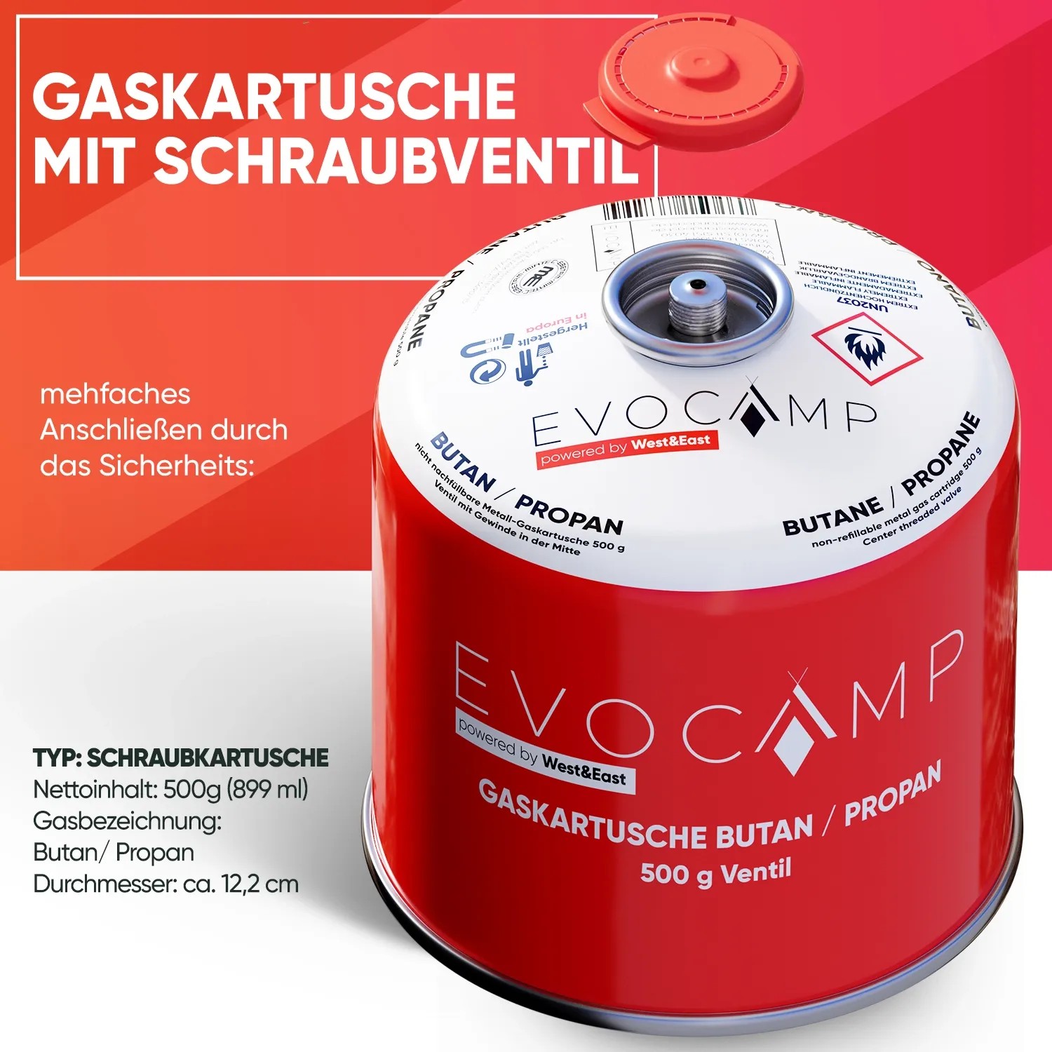 Evocamp Gaskartusche mit Schraubventil, 500g Butan/Propan für Campingkocher und Gasgrills.