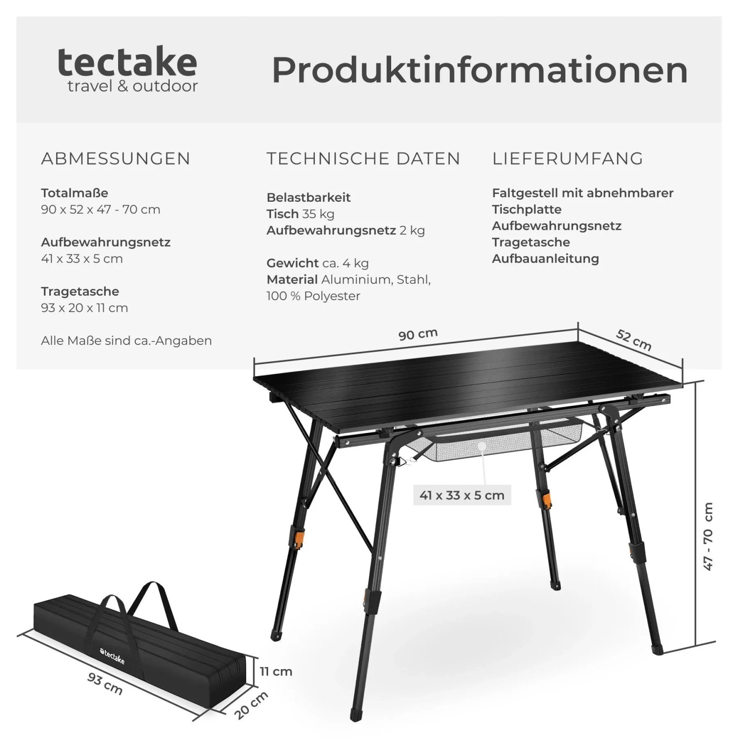Tectake Aluminium Campingtisch Tina Faltbar Wetterfest  90 x 52 x 70 cm Schwarz_6
