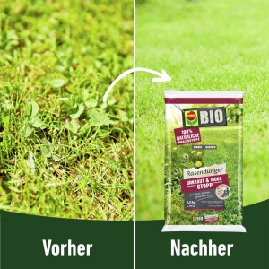 Sack Compo Bio-Rasendünger Unkraut & Moos Stopp 5,5kg für ca. 110m² Rasenfläche.