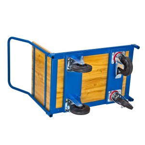 Blauer PROREGAL Transportwagen mit Holzplatten und Rädern, Traglast 180 kg.