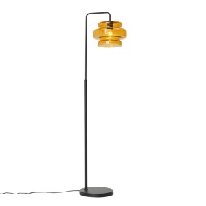 Retro Stehleuchte Denise: Schwarz mit orangefarbenem Glasschirm. Innenleuchte für gemütliches Licht.