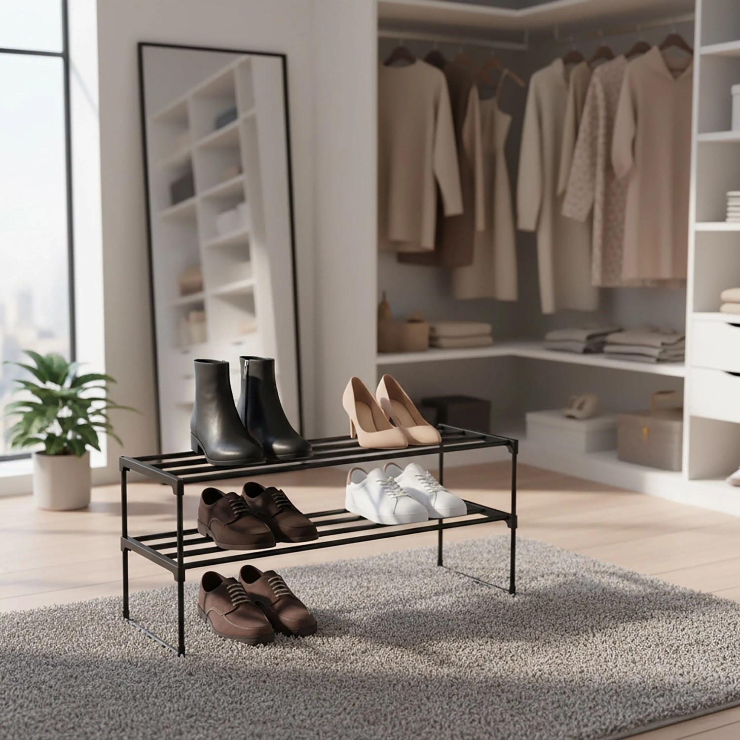 Relaxdays Schuhregal Metall Schwarz Stapelbar Stecksystem 2 Ebenen 38 cm x 92 cm x 30 cm_2