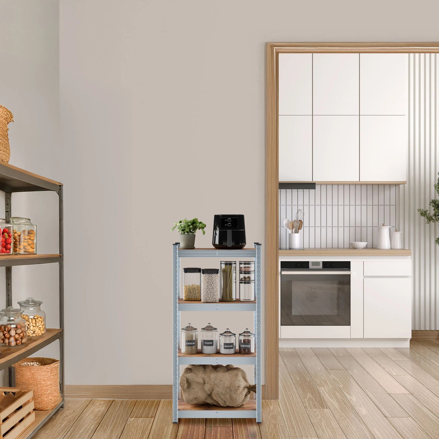 Stahl Schwerlastregal mit 4 MDF Böden in Holzoptik, 120x60x30 cm, für Werkstatt und Keller.