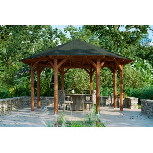 Skan Holz Pavillon Lyon 2 aus Douglasie, Ø 484 cm, Nussbraun, mit Tisch und Stühlen im Garten.