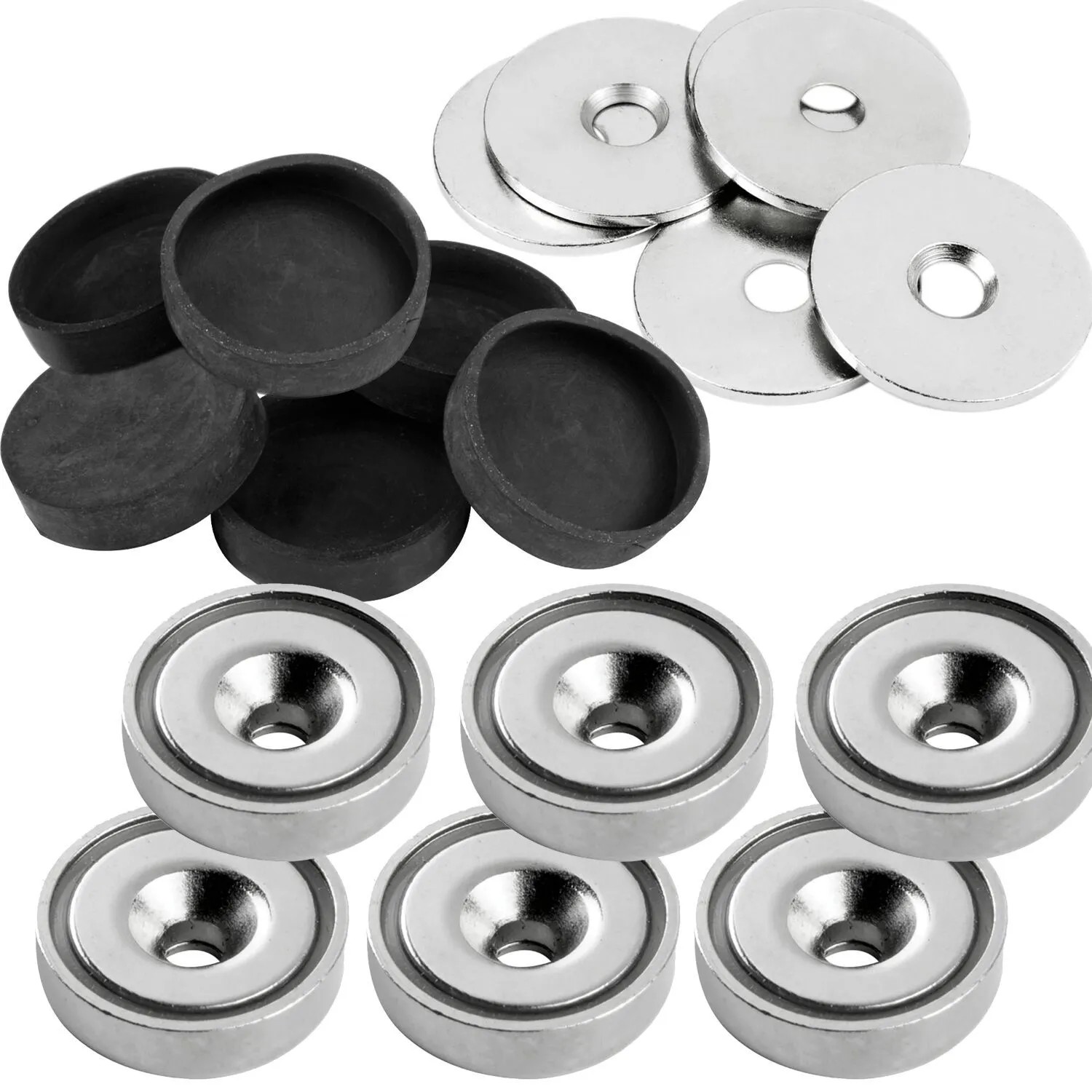 vasalat Topfmagnet Ø 20 mm mit Bohrung Metallscheiben & Gummikappen 18-teilig