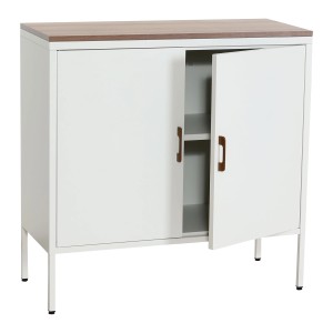 Weiße MCW Kommode L84-2 mit zwei Türen, Holzplatte und Metallgestell.