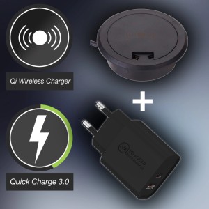SOTECH Qi Wireless Charger Einbau mit USB-Netzteil 20W Quick Charge 3.0, schwarz.