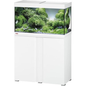 Weißes Eheim Aquarium VivalineLED 126 l mit Unterschrank und Bepflanzung.