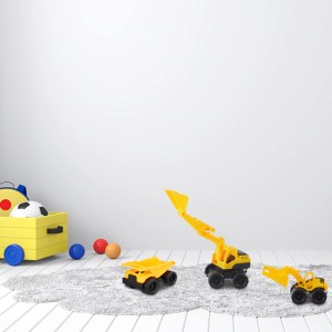 3-teiliges Spielzeug Baustellenfahrzeug Set in Gelb und Schwarz: LKW, Bagger und Frontlader.