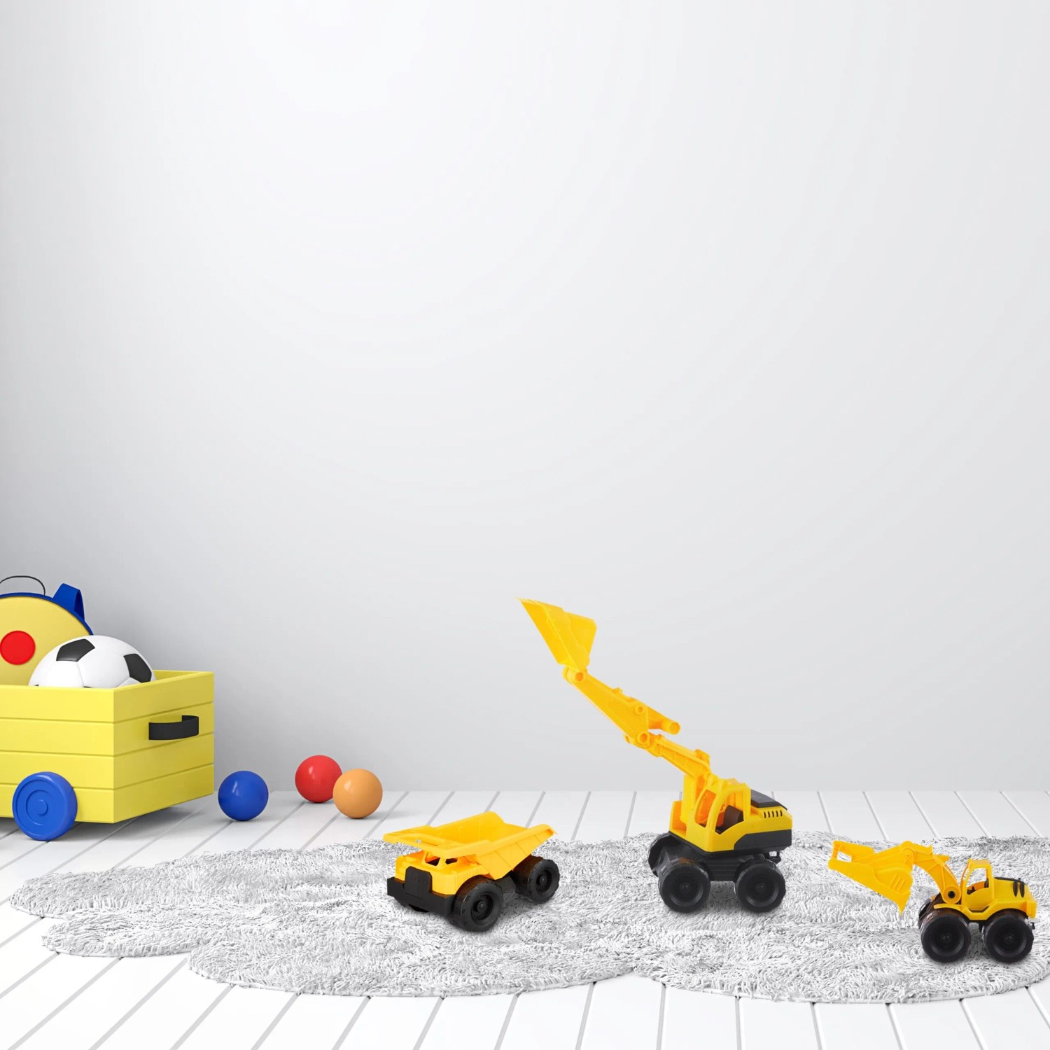 3-teiliges Spielzeug Baustellenfahrzeug Set in Gelb und Schwarz: LKW, Bagger und Frontlader.