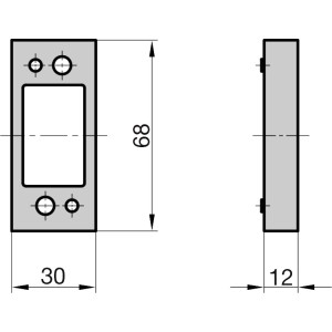 Technische Zeichnung: Weiße Basi Distanzplatte, 12 mm stark, für Panzerriegel PR 800/900.