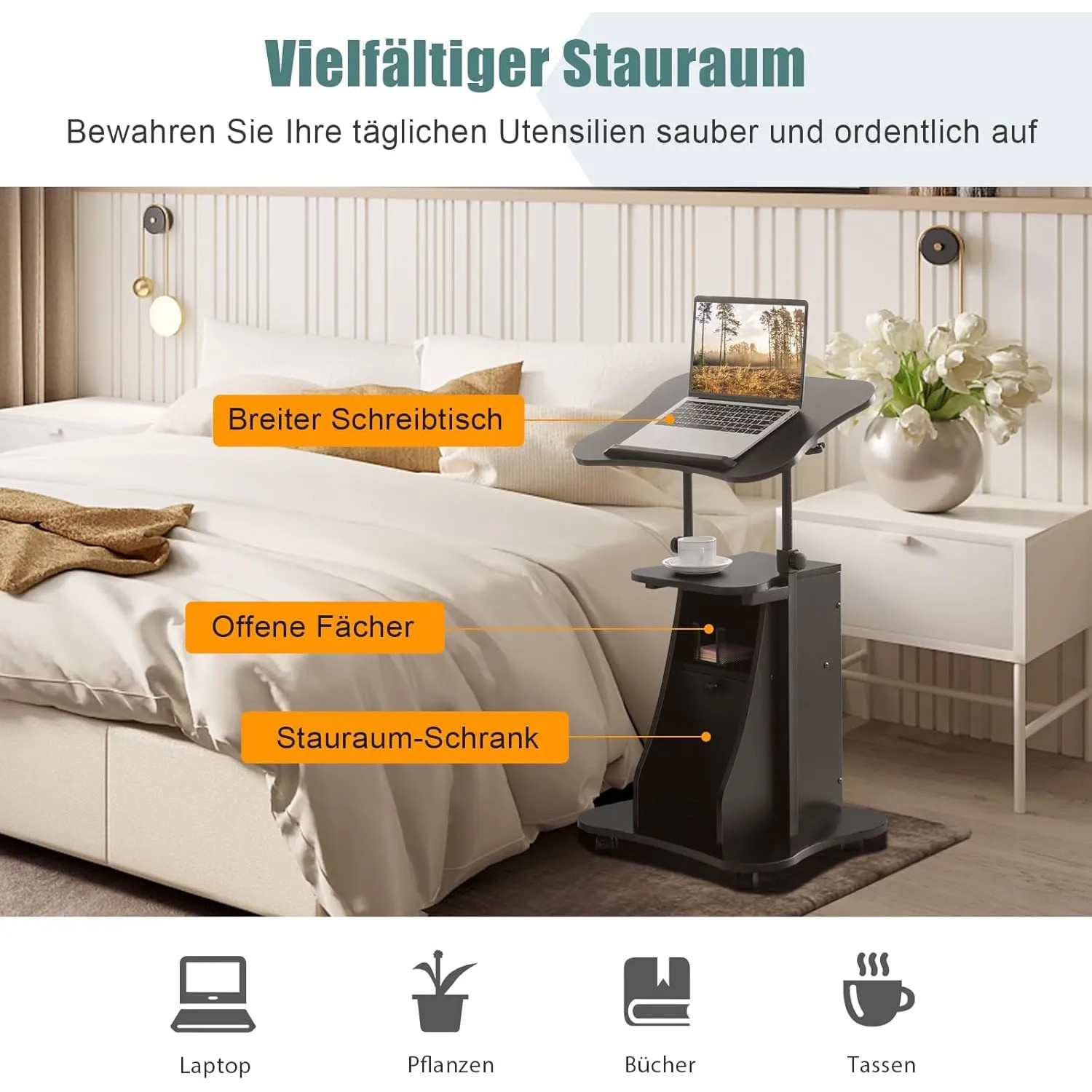 Schwarzer, mobiler Costway Stehpult mit Ablageflächen und Laptop auf dem Tisch.