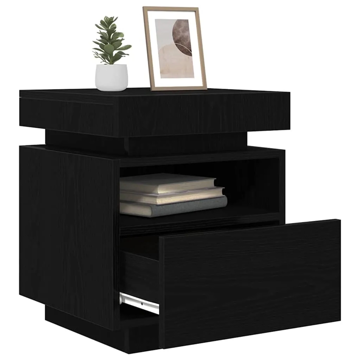 Schwarzer Nachttisch Eiche mit Schublade und Regal, vidaXL, Holzwerkstoff, 40x39x48,5 cm.