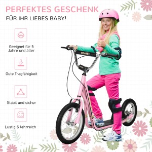 Mädchen mit Helm auf rosa HOMCOM Kinderroller 16/12 Zoll. Kickboard mit Luftreifen.