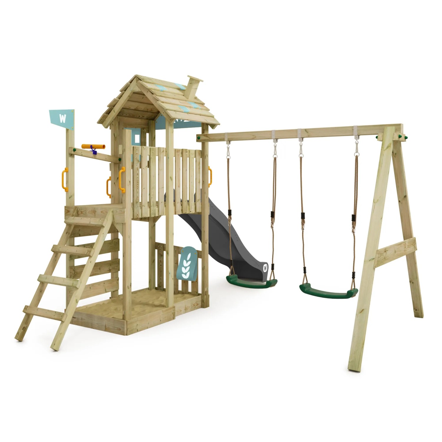 Wickey Spielturm FarmFlyer mit Rutsche und Schaukel in Pastellblau. Klettergerüst aus Holz mit Sandkasten.