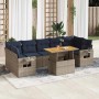 Graue 8-tlg. vidaXL Garten-Sofagarnitur aus Rattan mit marineblauen Kissen und höhenverstellbarem Tisch.
