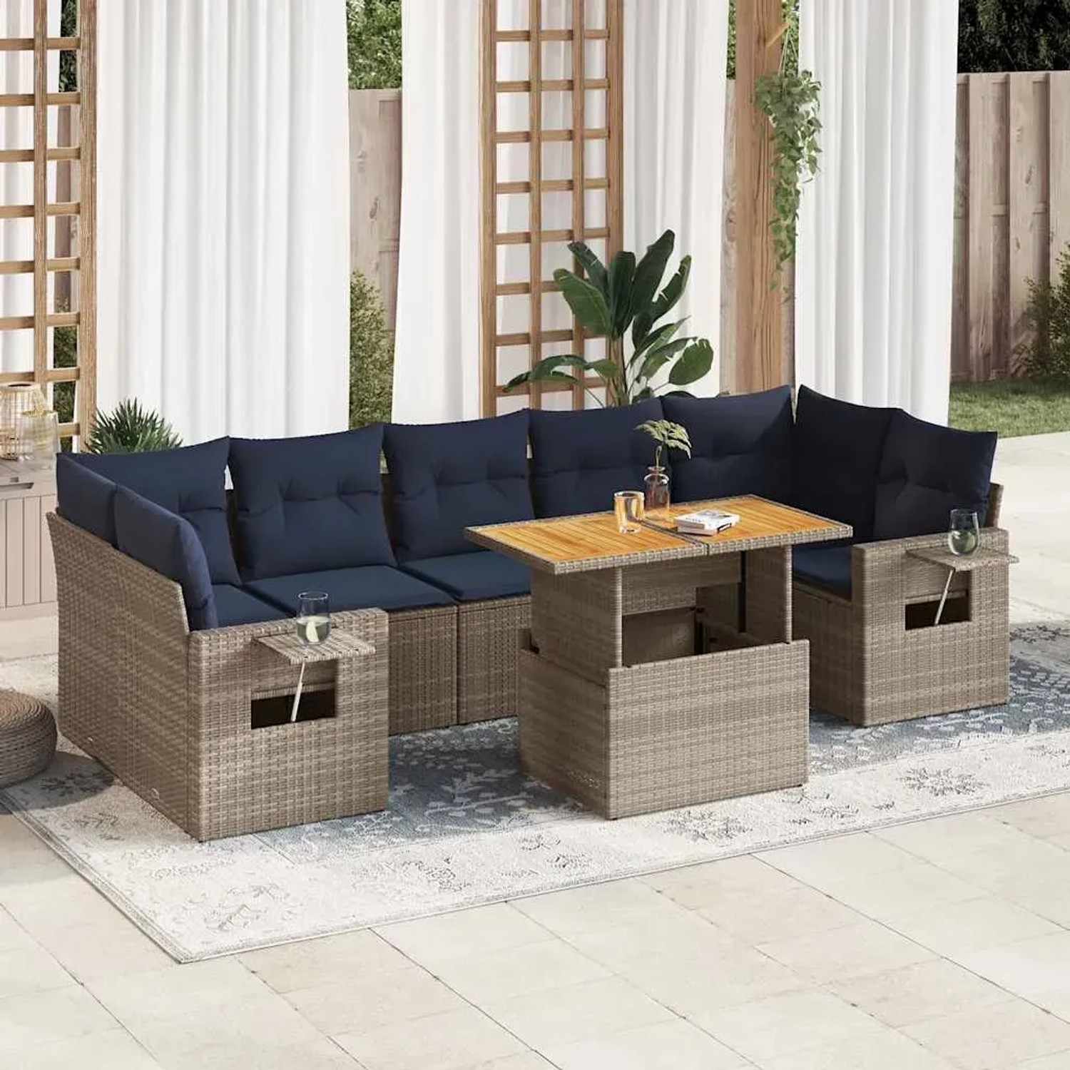 Graue 8-tlg. vidaXL Garten-Sofagarnitur aus Rattan mit marineblauen Kissen und höhenverstellbarem Tisch.