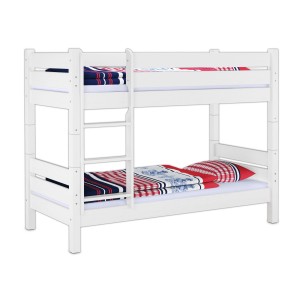 Weißes Kiefer Etagenbett 100x200 cm, teilbar, für Erwachsene. Stabiler Rahmen, Leiter links/rechts montierbar.