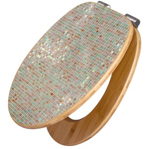 Banjado WC-Sitz aus Bambus mit grünen Fliesen Motiv. Toilettendeckel mit Absenkautomatik.