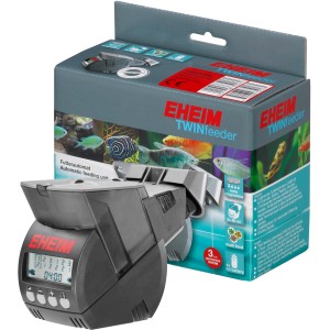 Eheim TwinFeeder Futterautomat für Aquarien, mit Display und Verpackung.