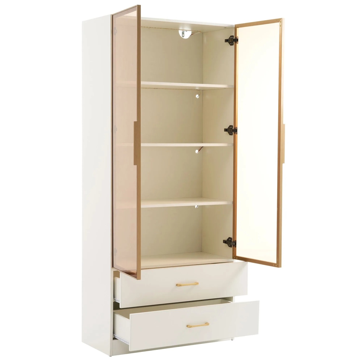 okwish Badezimmerschrank mit Lichtleiste 2 Schubladen 2 Türen Glastür 75x35x170cm Weiß
