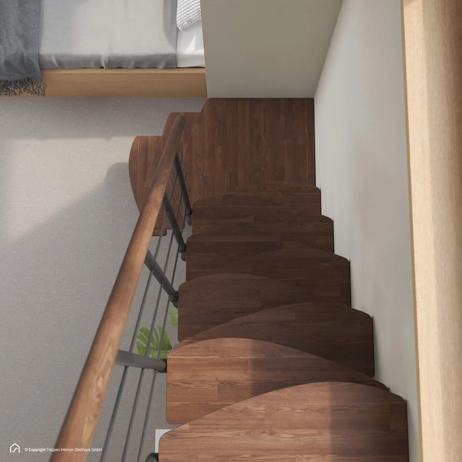 Intercon Raumspartreppe Quadro, 13 Stufen, Buche Dunkel Walnuss, Metall Brillant-Schwarz, einseitiges Geländer.