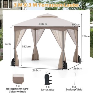 Khaki Gartenpavillon 3x3m mit Moskitonetz, Sandsäcken & Erdnägeln. Maße 300x300x278cm für Terrasse & Garten.