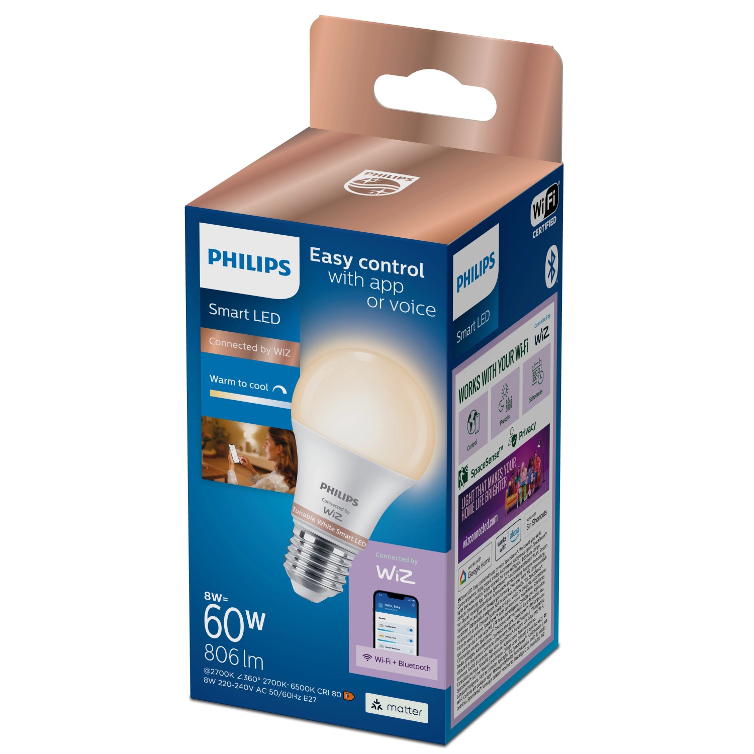 Philips Smart LED Lampe E27, 8W, Glühlampenform, steuerbar per App, in Originalverpackung.