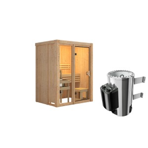 Karibu Sauna Sky 1, naturbelassen, mit 3,6 kW Ofen und integrierter Steuerung.
