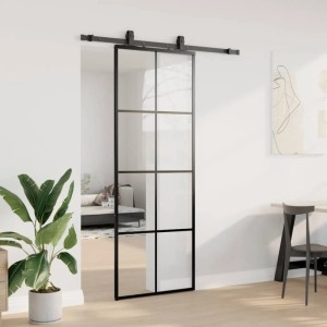 Schiebetür vidaXL mit Beschlag, schwarz, 76x205 cm, ESG-Glas. Raumhohe Glastür mit schwarzem Rahmen.