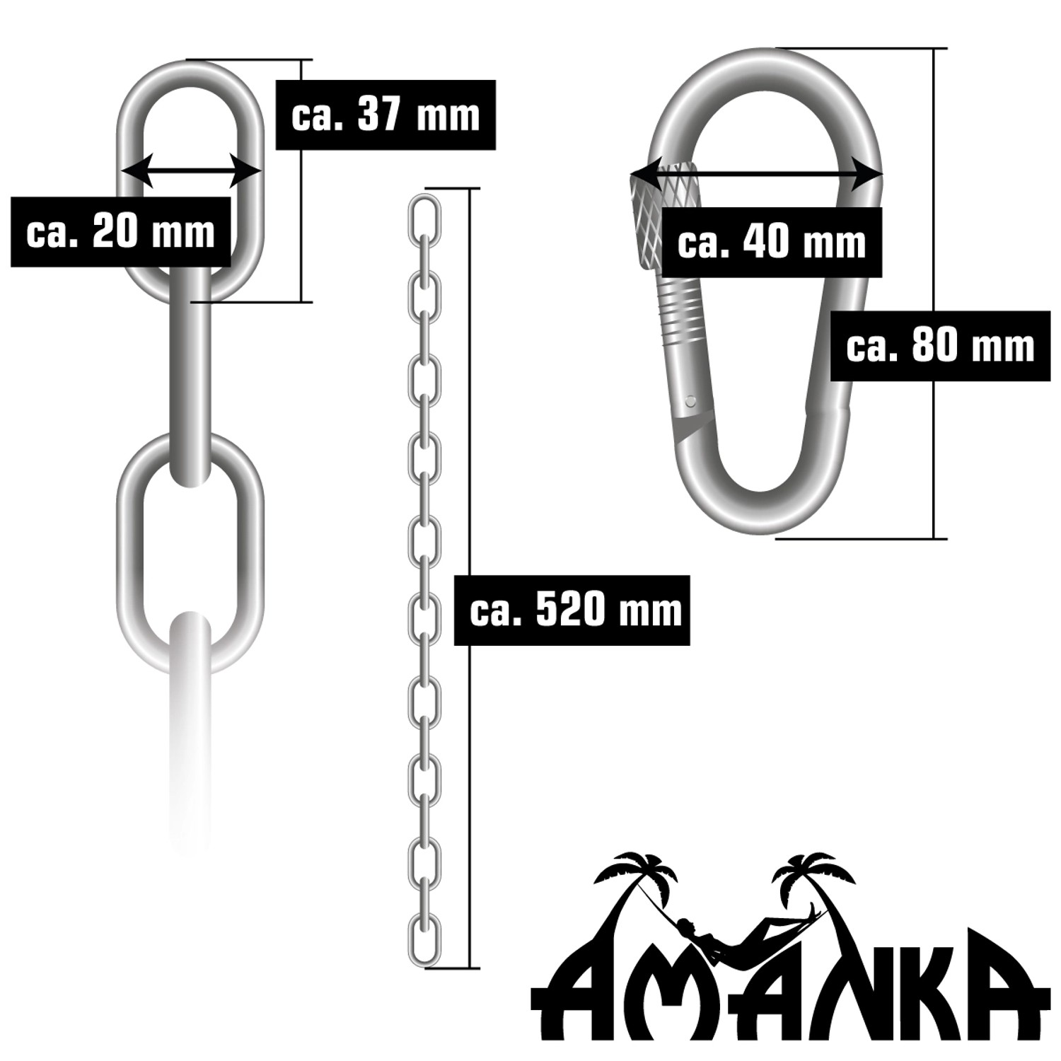 Awroutdoor Hängesessel Kette 66cm - Edelstahl Verlängerungskette Mit Karabinern Bis 250kg