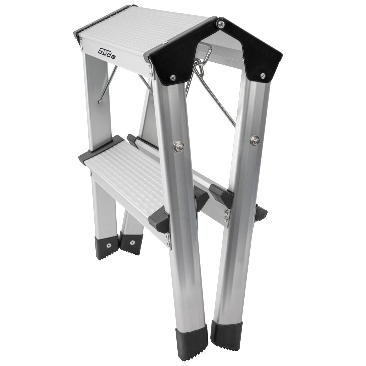 Zusammengeklappte Aluminium Trittleiter GAT 2S mit zwei Stufen und rutschfesten Füßen.