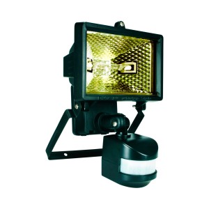 Schwarzer Halogenstrahler mit Bewegungsmelder für den Außenbereich.