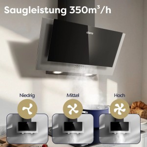 Schwarze CIARRA Kopffrei Dunstabzugshaube (60cm) mit LED-Beleuchtung und drei Leistungsstufen.