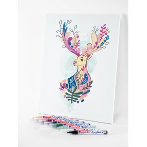 Leinwandbild mit Reh, bemalt mit Edding 5100 Acrylmarker Beere, und Acrylfarben Stifte.