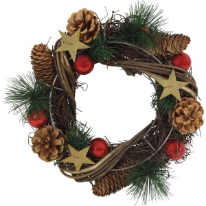 Mehrfarbiger Deko-Kranz (Ø 25cm) mit Zapfen, Sternen und Kugeln für weihnachtliche Stimmung.