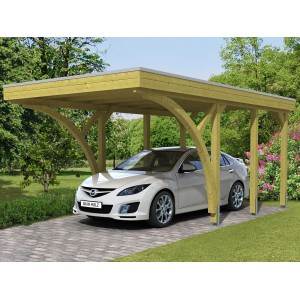 Skan Holz Carport Friesland Set 6: Einzelcarport aus Holz mit Aluminiumdach und Auto.