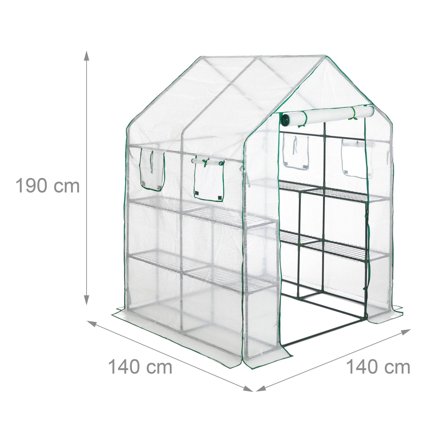 Relaxdays Foliengewächshaus Stahlrohr Polyester Transparent Grün Begehbar mit 4 Fenstern 190 cm x 140 cm x 140 cm 8,8 kg_4